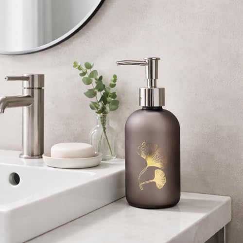Image of Luxe Home International Flower Print Glass Soap Dispenser for Bathroom and Kitchen Sink Leak Proof Liquid Hand Wash Round Bottle Lightweight Smooth Finish (19.5x7.5 cm Brown) Pack of 1