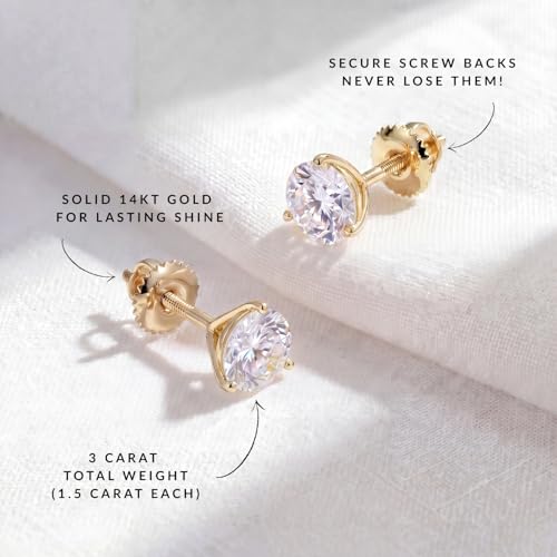 Image of Privosa - Lab Grown Diamond Stud Earrings in 14K Gold | 0.25-6.00 Carat. D-E, VVS1-VVS2 clarity, Round Brilliant, 3-Prong, Screw-Back Post. 14K White or Yellow Gold. Made in USA