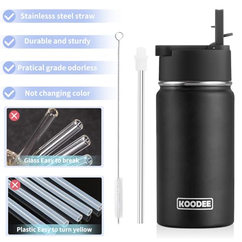Image of koodee Water Bottle -12 oz Stainless Steel Double Wall Vacuum Insulated Water Bottle with Straw, Sports Metal Wide Mouth Water Bottle Flask for School (Black)