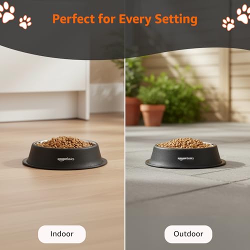 Image of Amazon Basics Stainless Steel Pet Feeding Bowls for Dog & Cats | Anti Slip Base | 2 Pcs Set | Canister & Pet Bowl in Black Color | Canister 1000 ml & Bowl 700 ml