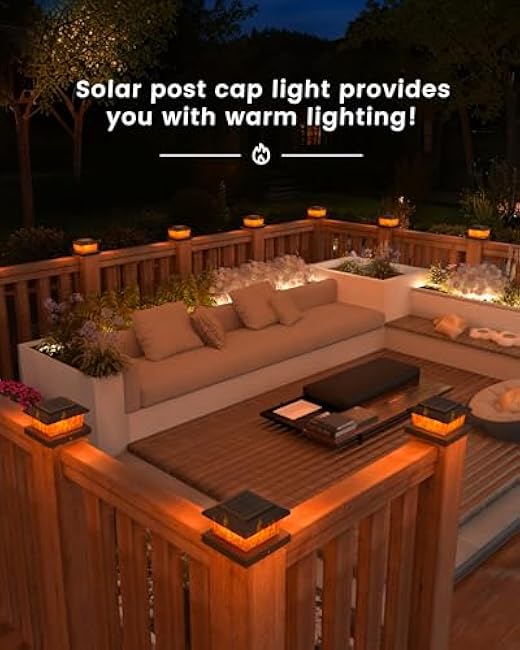VOLISUN Solar Fence Post Cap Lights 12pack, Black Solar Deck Cap Flame Light Outdoor Waterproof, High Brightness Flickering Flame SMD LED Lighting, for 4x4 Wooden/4x4 5x5 Vinyl Post