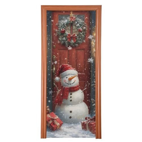 FLildon Winter Snowman Christmas Door Cover Decoration, Party Accessory Porch Decor for Festive Ornament Room Door Covers 32 x 79 Inch