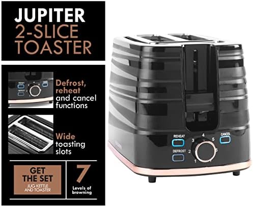 Progress EK4127PBRG Jupiter 2 Slice Toaster, Swirl Effect Finish, Defrost, Reheat & Cancel Functions, 7 Levels of Variable Browning Control, Wide Slots for Bagels & Teacakes, 930W, Black/Rose Gold