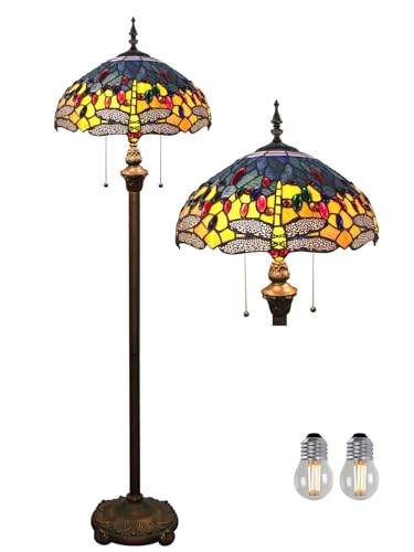 Kinbolas Lámpara de pie vintage con vitrales tulipa estilo Tiffany candeeiro de pé libro lampara para salon leer en el dormitorio de trabajo lamparas pie suelo (C-9)