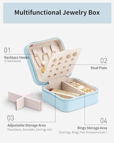 Vlando Travel Jewelry Case, Small Travel Jewelry Organizer Box for Girls Women - Blue