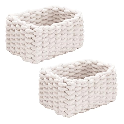 Aufbewahrungskorb Geflochten, 2 Stück Häkelkorb, 19 x 15 x 12 cm Aufbewahrungskorb Kinder, Waschbar und Faltbar Klein Organizer Korb, Weiß Körbe Geflochten für Babyzimmer Wohnzimmer Schlafzimmer