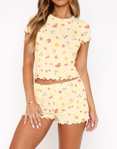 Image of Lacozy Lounge Sets for women 2 Piece Cute Pajama Set Summer Fruit Graphic Crop Top and Shorts Y2K Pjs Set Sleepwear XL