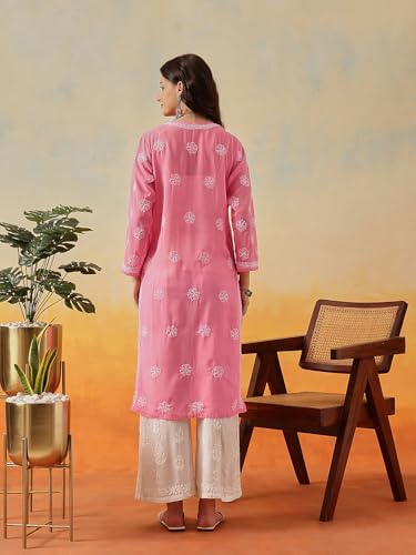 Image of Ada Lucknow Chikankari Hand Embroidered Faux Georgette Kurta Kurti Tunic Dress for Women A95504