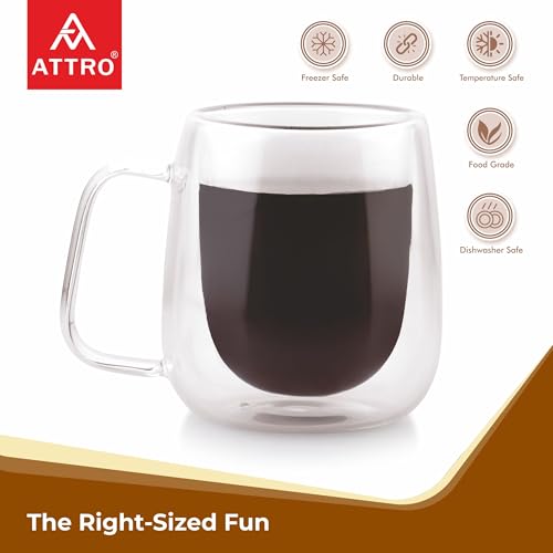 Image of ATTRO Glassox Duo Coffee Mug Double Wall - 250ml, Heat Resistant Borosilicate Glass, Ideal for Hot & Cold Beverages, Tea, Latte, Espresso