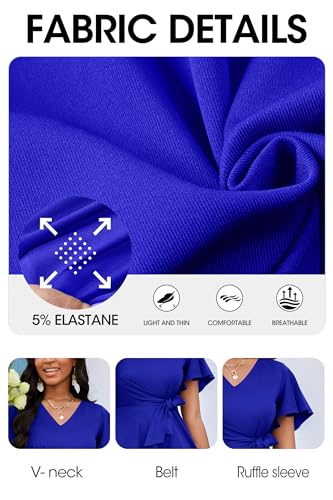 Image of FANDEE Women's Casual Midi Dress Wedding Guest Dresses for Chuch Cocktail Ruffle Short Sleeve A-Line V Neck with Belt Blue