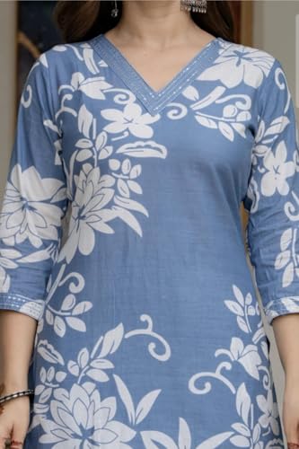 Image of Women's Floral Printed Cotton Blend 3 /4th Sleeve Knee Length V-Neck Kurta and Pant Set for Women (Pack Of 1)