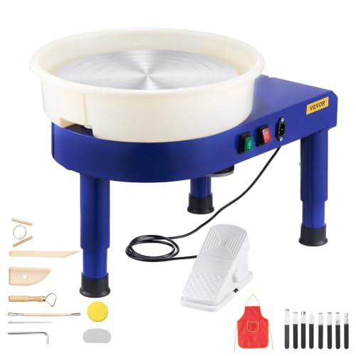 VEVOR Torno de Alfarero con placa de aluminio de 35 cm, rueda de cerámica eléctrica, 60-300 RPM, pedal, depósito desmontable, patas elevables, azul
