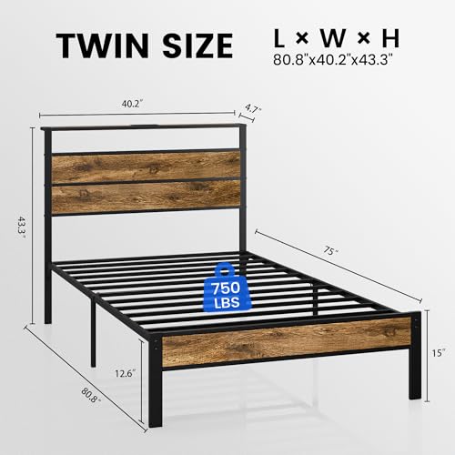 Image of Liians Twin Bed Frame with Storage Headboard USB Charging Station, Smart LED Lights, Metal Platform Bed Easy Assembly, No Box Spring Needed