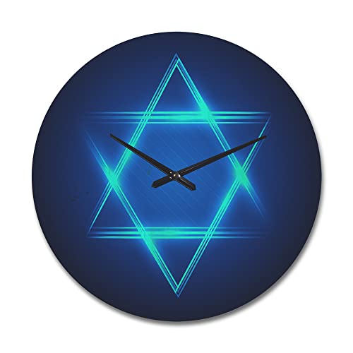 DesignQ Blue Neon Star of David – Modern Wood Clock, Large Oversized Decorative Wooden Wall Clock for Living Room, Bedroom, Office & Hallway Décor