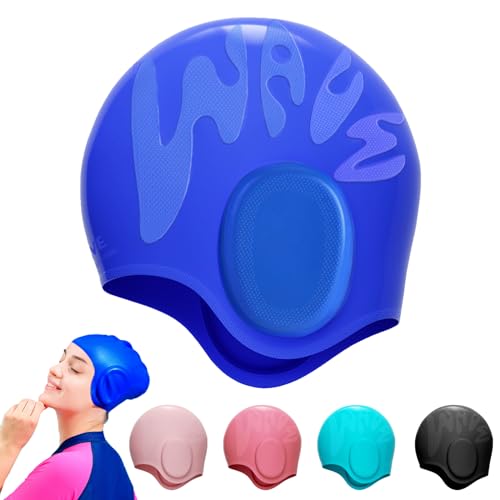 Gorro Piscina Protecion de Oido 3D, Gorro de Natación para Mujeres y Hombres, Gorros de Natación de Silicona, Elástico Gorros de Natación para los Hombres Mujer Largo Cabello Corto Adulto