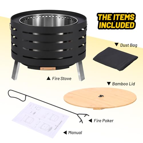 26" Smokeless Fire Pit with Removable Ash Pan, Wood Burning Firepit Table with Fire Poker,Smokeless Outdoor Fireplace with Carrying Bag, Outdoor Fire Pits for BBQ, Table, Bonfire, Camping