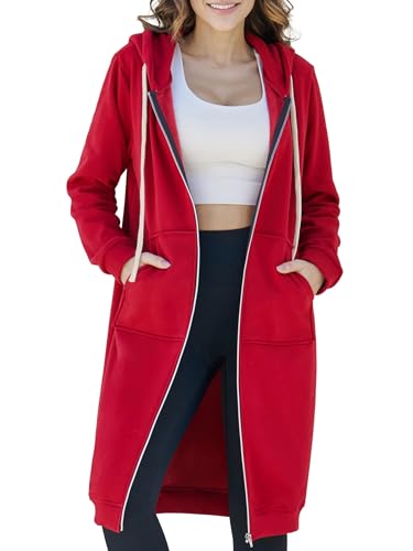 Ablanczoom Womens Long Zip Up Hoodies Comfortable Fleece Fashion Sweatshirts 2026 Casual Jackets with Pockets Red