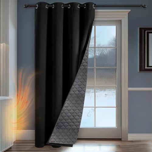 PANOVOUS Heavy-Duty Thermal Insulated Door Curtain, 2-Layer Blackout Winter Curtain with Eyelet Design, Cotton-Lined Extra Thick Thermal Door Cover for Front & Patio Doors, 132x210cm, Black, 1 Panel