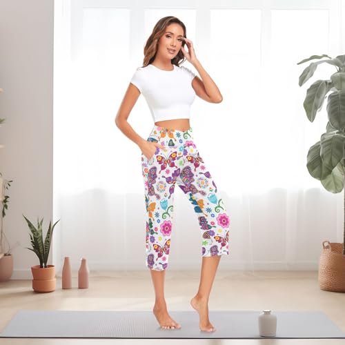 KLL Calça de ioga com estampa floral branca sem costura, com estampa floral em V, com controle de ba