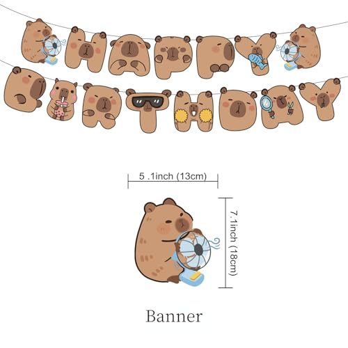 Image of Capybara Birthday Decoration Set, Cute Animal Happy Birthday Banner, Capybara Party Supplies with Banner, Hanging Swirl, Cupcake Topper, Cake Topper, Balloon