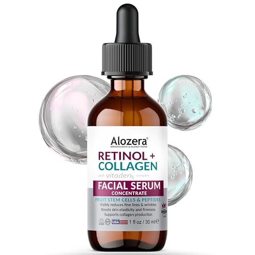 Alozera Retinol Collagen Serum for Face with Plant Stem Cell & Peptides, Anti Aging Facial Serum for Fine Lines & Wrinkles, Tighter & Firmer Skin, Fast-Absorbing, Non-Greasy, Day & Night Serum