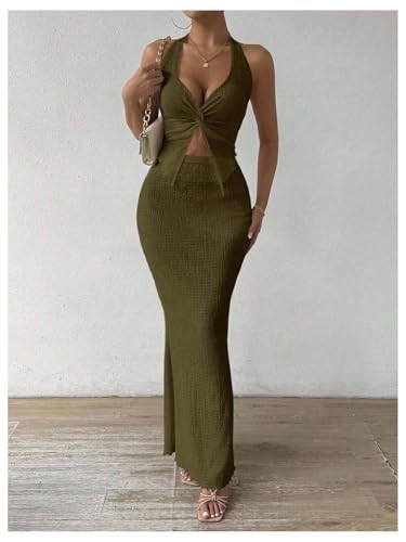 Image of SOLY HUX Women's Two Piece Outfits Twist Front Halter Cami Tops and Skirt Summer Set
