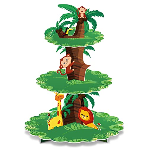 Safari Birthday Decorations 3 Tier Jungle Baby Shower Cupcake Stand Wild One Birthday Table Decor for Boys Lion Party Safari Zoo Party Favor Supplies