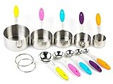 Stainless Steel Metal Measuring Cups and Spoons Set (12 pieces) - Stackable, Engraved & Rust Proof with Color Coded Silicone Handles | For Liquid, Dry Food, Baking, Diet Meal Prep Cook Kitchen Gadgets