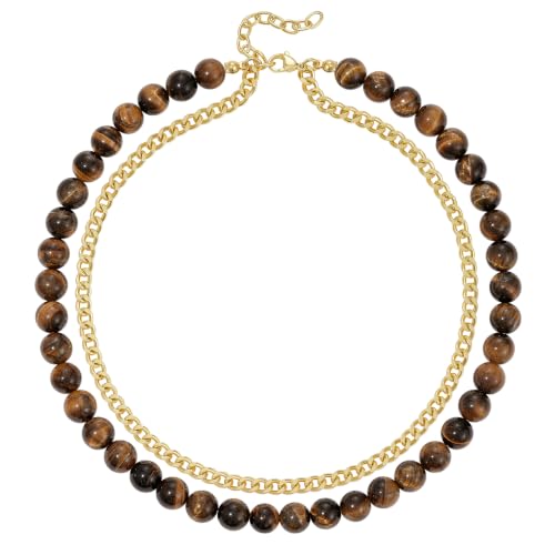 KissYan Beaded Necklaces for Women, Layered Gemstone Bead Choker(Brown)