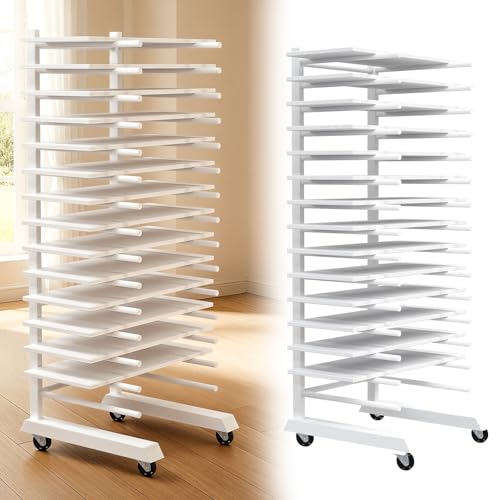 Colingmill 1 Pack 15 Tier Cabinet Doors Paint Drying Rack with Casters 16 in Rods 20 in Base White Powder Coated Iron Detachable Crossbars Space Saving for Painted Wood Panels Doors