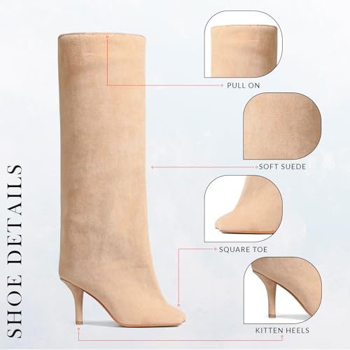 VOMIRA Women's Knee High Nude Suede Wide Calf Square Toe Stiletto Fall Winter Pull On High Heel Long Ladies Fashion Dress Tall Slouchy Boots3
