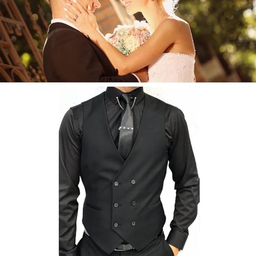 Men Black Double Breasted Suit Vest Fashion Groom Tuxedo Waistcoat Gilet Business Casual Tank Top for Prom Party (Color : A, Size : Medium)2