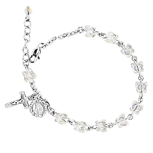 Rosemarie's Religious Gifts Women's Multicolor 6Mm Swarovski Crystal Butterfly Bead Rosary Bracelet, 6.5"+1.5" Extender (Ab & Clear Crystal) #TOP11