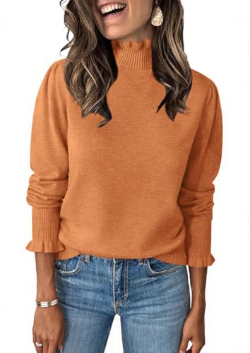 Image of Womens Ruffle Mock Neck Sweater Puff Long Sleeve Fall Trendy Pullover Tops | Fall Winter Clothes, Soft, Business Casual Outfits, Trendy Fashion, Knitted Shirts