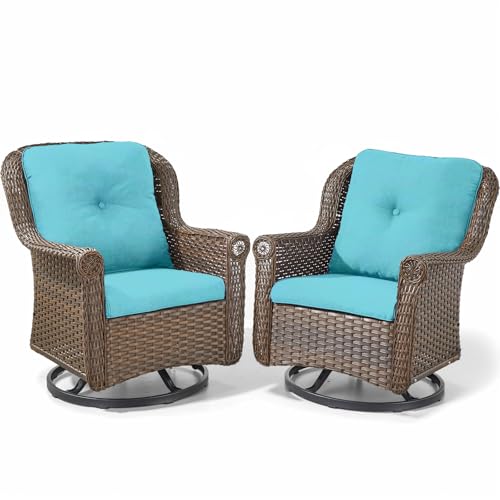 Patio Chairs Outdoor Swivel Glider - Set of 2 High Back Outside Brown Wicker Rattan Rocking Chair with Thick Cushion for Porch Apartment Deck Yard Poolside Garden - Turquoise