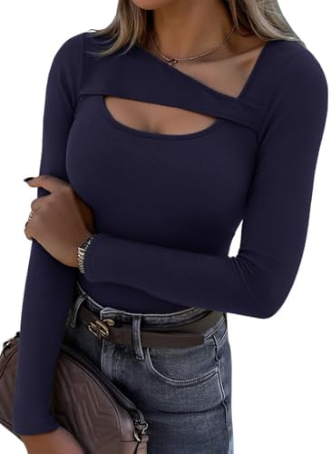 Aottori Langarmshirt Damen Gerippt Asymmetrischer Ausschnitt Slim Fit | Oberteile Langarm, Basic Tops, Tee Shirts, Elegant, Stretch, Casual, Einfarbig, Alltag Freizeit