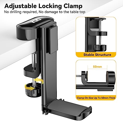 KDD 4 in 1 Desk Cup Holder - Clamp on Under Desk Headphone Hanger - Rotating Headphone Holder Detachable Pen Cup Holder Desktop Storage for Cup, Phone and Pen(Black)