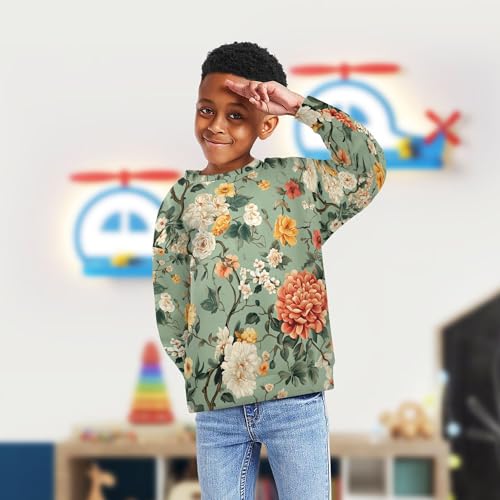 JUNZAN Flowers Orchid Peony Dahlia Sage Green Big Girls Hooded Sweatshirt Long Sleeve Tops Clothing Shirts Athletic 4T4