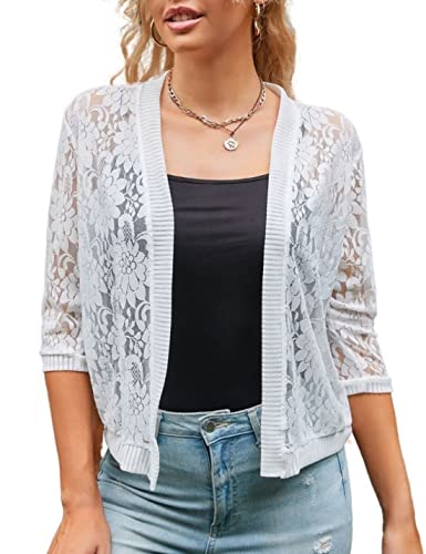 Image of Xunger Women's 3 /4 Sleeve Lace Cardigan Casual Open Front Floral Lace Shrug Summer Cover Up