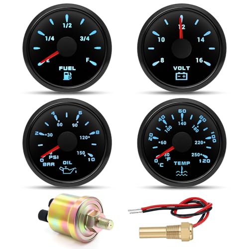ARTILAURA 4 Gauges Set - Fuel Level Gauge Water Temperature Gauge Oil Pressure Gauge Voltage 7 Color Backlight Waterproof Boat Gauges for Car AUTO Marine (Black)
