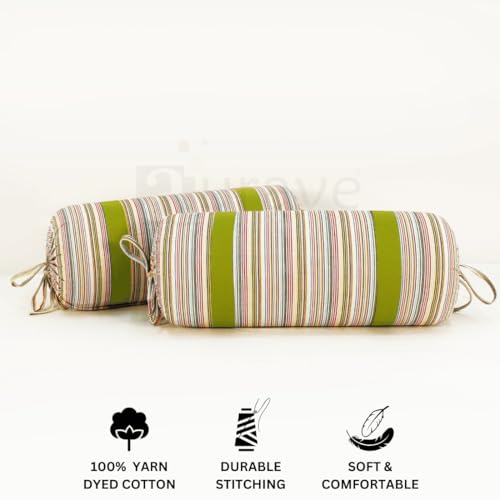 Image of AURAVE Woven Cotton 144 TC Bolster Cover with Drawstring Closure, Set of 2, Soft Breathable Durable Machine Washable for Sofa Bed & Home Decor, 15 inchx30 inch, Green | Cover Only