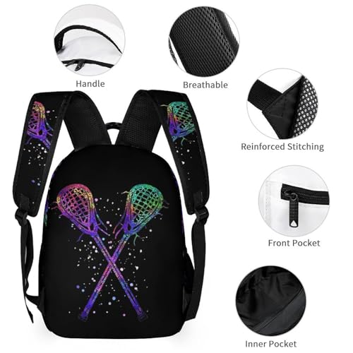Crossed Lacrosse Glitter Printed Backpack with Lunch Box Bag Pencil Case Pouch 3pcs Daypack Set for Women Men3