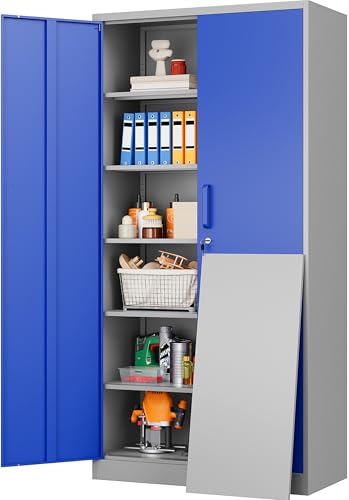Image of Metal Cabinet with 5 Adjustable Shelves,6 Tier Garage Storage Cabinet with Lock,Gray Blue Metal Storage Cabinet with Locking Doors,Steel Cabinets,71 inch Lockable Storage Cabinets for Home,Office,Garage