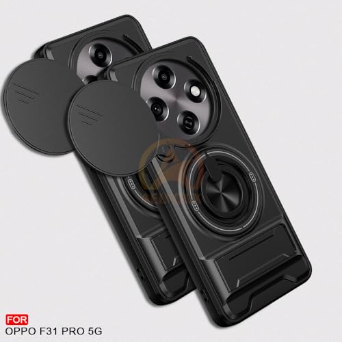 Image of Oppo F31 Pro 5G Back Cover | Armor Camera Slider 360 Degree Rotating Finger Ring Holder Case with Bracket Stand Back Case Cover (Compatible with MagSafe Accessories) (Black)