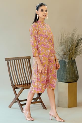 Image of MIRCHI FASHION Women A Line Cotton Print Princess Line Kantha Work Kurta (K9864 - Mustard, Coral - S)