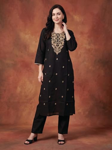 Image of INDO ERA Womens Silk Blend Printed Straight Kurta Pant Set (IESTR5624)