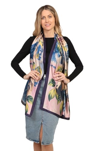 Image of Alexvyan Satin Silk Summer Scarves 180 x 84 cm, Blue Rose Theme with Stitched Border, Lightweight Fashion Scarf for Women Sun Protection Stole