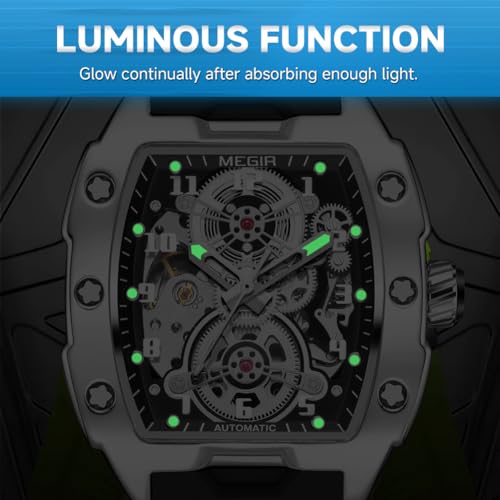 MEGIR Automatic Mechanical Men Watch, Silicone Band, 43x50mm Alloy Case, 3ATM Water Resistant, Luminous Hands, Black by MEGIR - Used condition - Image 5