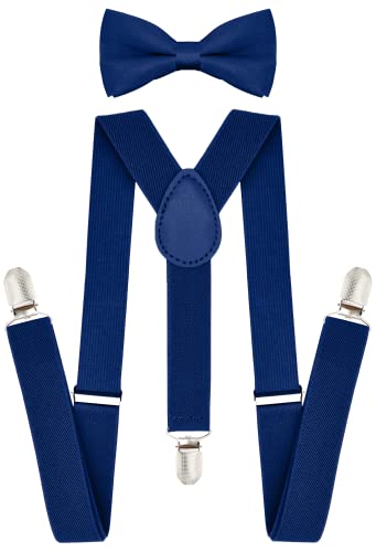 trilece Navy Blue Suspenders and Matching Bow Tie Set for Boys Kids Girls and Toddlers Baby - Adjustable Elastic 1 inch Wide Y Shape Strong Clips (5 Months to 6 Years, Navy Blue)
