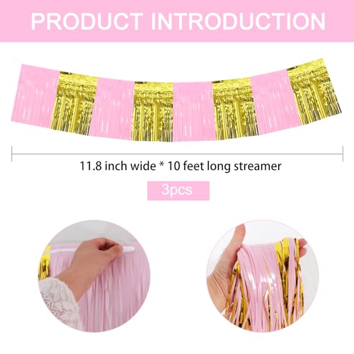 Image of BEISHIDA 3 Packs Metallic Foil Fringe Garland Macaron Pink Gold Wall Hanging Tinsel Fringe Banners for Car Floats Bridal Shower Wedding Birthday Graduation Holiday Party Decoration(30 Feet)